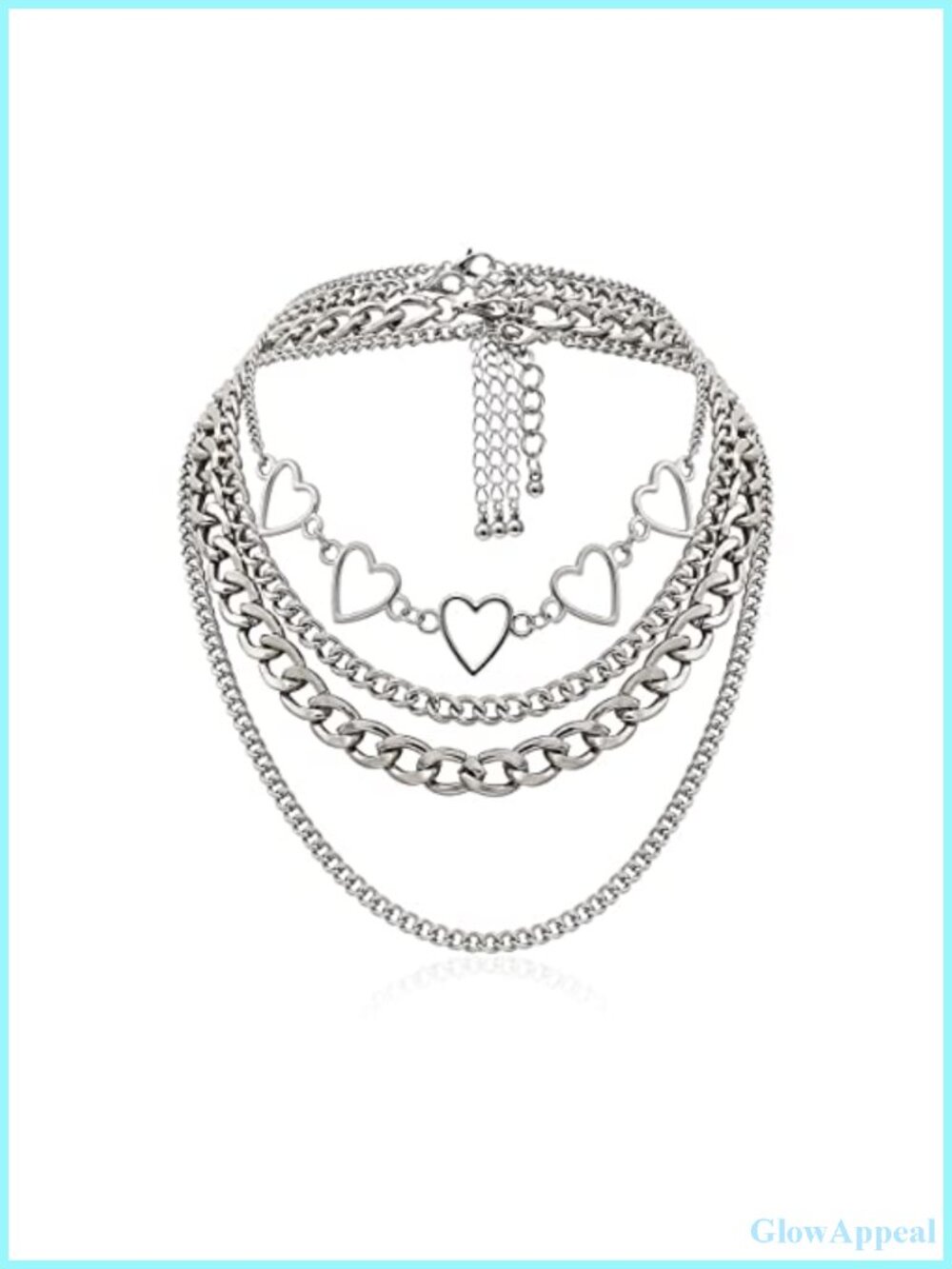 Layered Heart Choker Necklace Set Cuban Chain Silver Tone 4 Piece